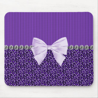 Purple Leopard with elegant bow faux diamond bling Mouse Pad