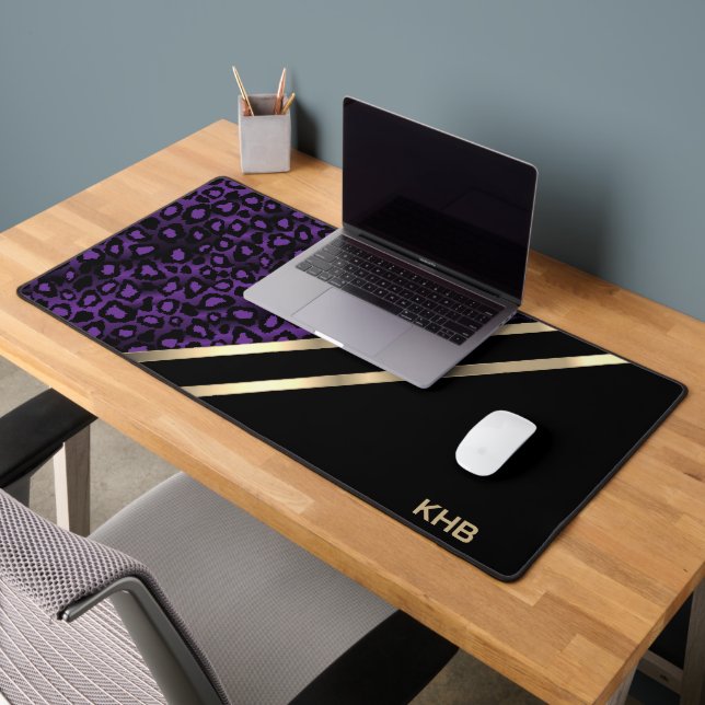 Purple Leopard with Gold & Black - Monogram Desk Mat (Office 2)