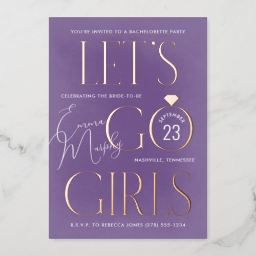 Purple Lets Go Girls Bachelorette Party Foil Invitation