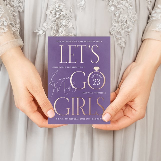 Purple Lets Go Girls Bachelorette Party Foil Invitation Postcard (Purple and rose gold foil Let's Go Girls country western bachelorette party postcard invitation)