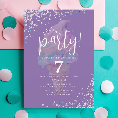 Purple Lets Party Rainbow Ice Cream Birthday Invitation