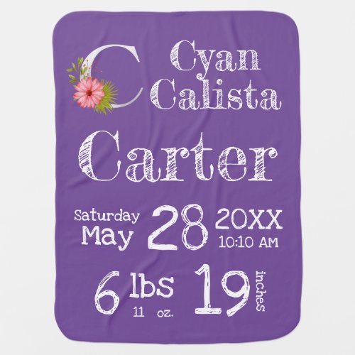 Purple Letter C Floral Monogram Baby Birth Stats Baby Blanket