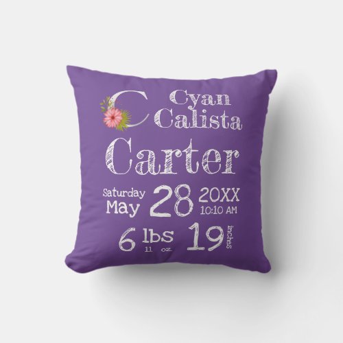 Purple Letter C Floral Monogram Baby Birth Stats Throw Pillow