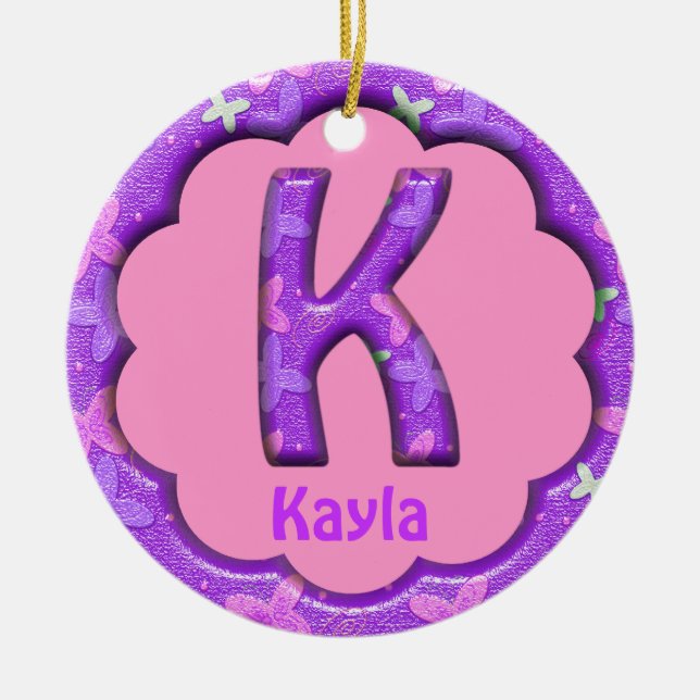 Purple Letter K Ornament w Butterflies~Custom Name (Front)
