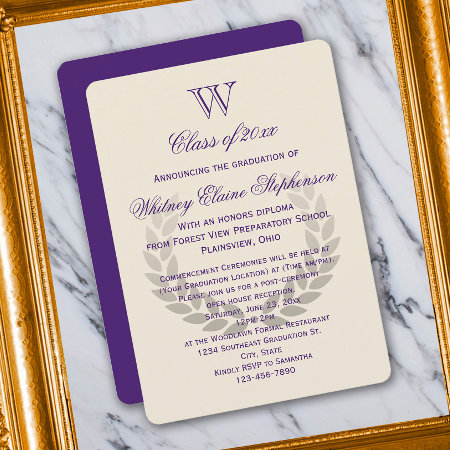 Purple Letter Monogram Classic College Graduation Invitation