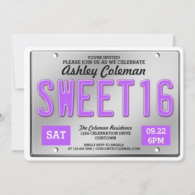 Purple License Plate Sweet 16 Party Invitations (Front)