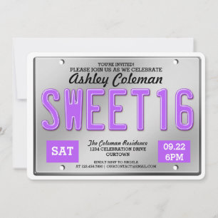 Purple License Plate Sweet 16 Party Invitations