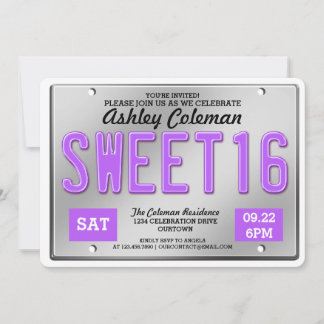 Purple License Plate Sweet 16 Party Invitations