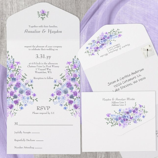 Purple, Light Blue Rose Garden Bouquet Wedding All In One Invitation (Light purple, dusty blue roses all-in-one wedding invitation for lilac, lavender, baby blue Spring)