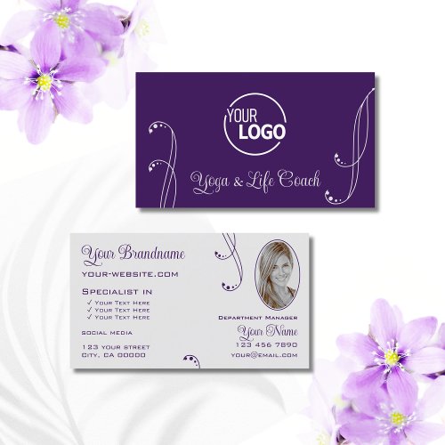 Purple Light Gray Chic Ornate with Logo and Photo Business Card