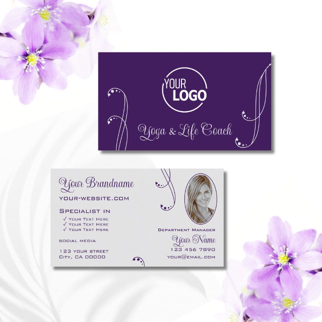 Purple Light Gray Chic Ornate with Logo and Photo Business Card (Creator Uploaded)