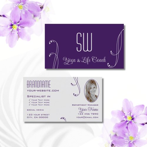 Purple Light Gray Ornate with Monogram and Photo Business Card