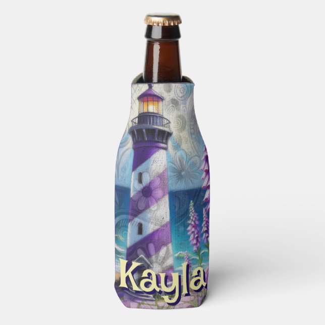 Purple Lighthouse w/Foxglove & Iris Personalized Bottle Cooler (Bottle Front)