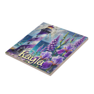 Purple Lighthouse w/Foxglove & Iris Personalized Ceramic Tile