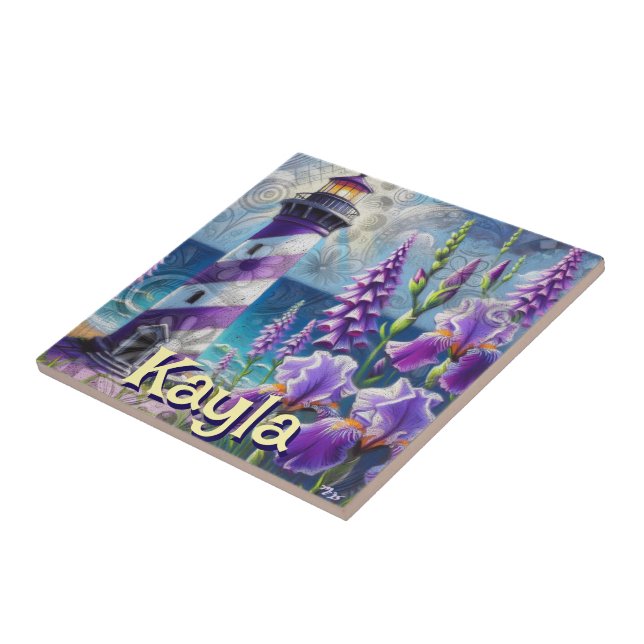 Purple Lighthouse w/Foxglove & Iris Personalized Ceramic Tile (Side)