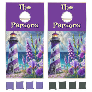Purple Lighthouse w/Foxglove & Iris Personalized Cornhole Set