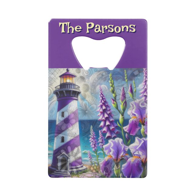 Purple Lighthouse w/Foxglove & Iris Personalized Credit Card Bottle Opener (Front)