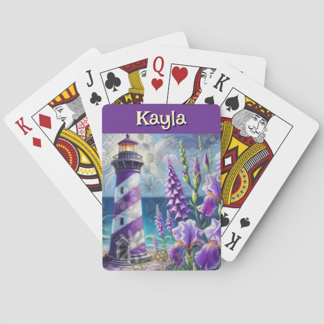Purple Lighthouse w/Foxglove & Iris Personalized Poker Cards (Back)