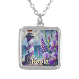 Purple Lighthouse w/Foxglove & Iris Personalized Silver Plated Necklace