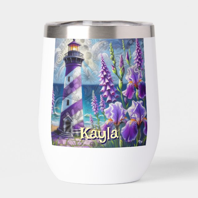 Purple Lighthouse w/Foxglove & Iris Personalized Thermal Wine Tumbler (Back)