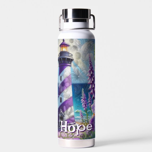 Purple Lighthouse w/Foxglove & Iris Personalized Water Bottle (Back)