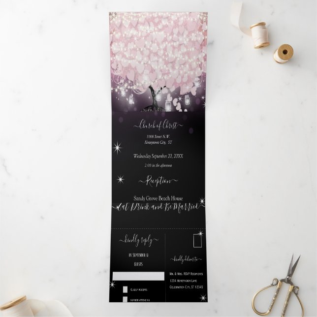 Purple Lights Blush Pink Heart Leaf Wedding Tri-Fold Invitation (Inside)
