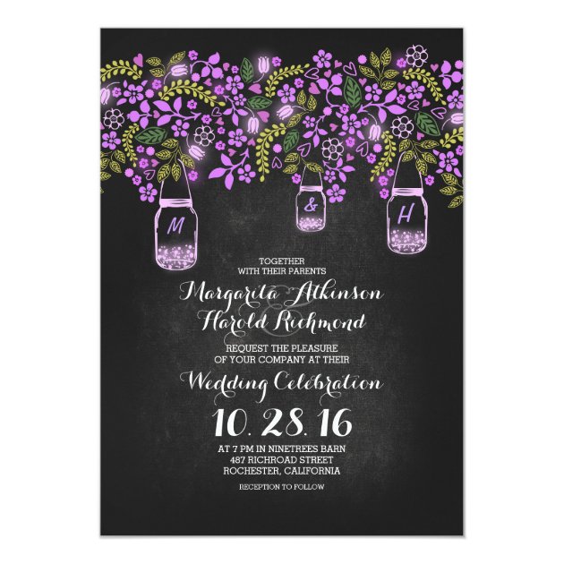 Purple Lights Mason Jars Floral Chalkboard Wedding Invitation