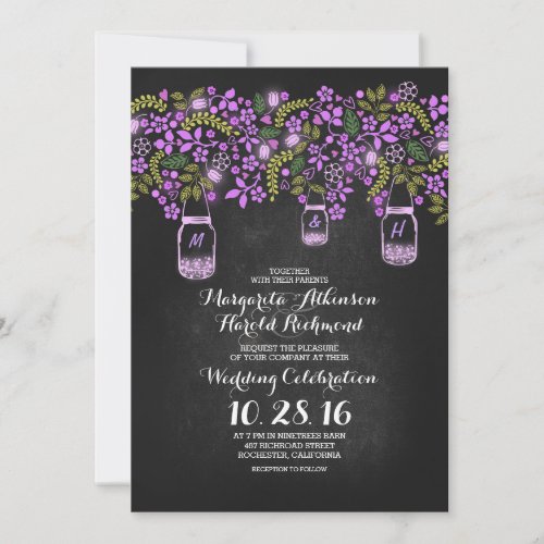 purple lights mason jars floral chalkboard wedding invitation