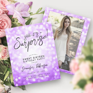 Purple Lights Photo Surprise Sweet 16 Invites