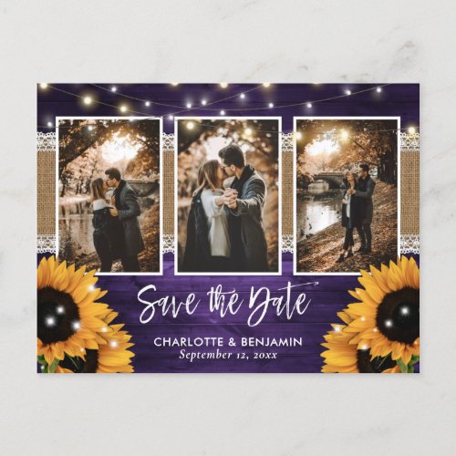 Purple Lights Sunflower 3 Photo Save The Date Announcement Postcard