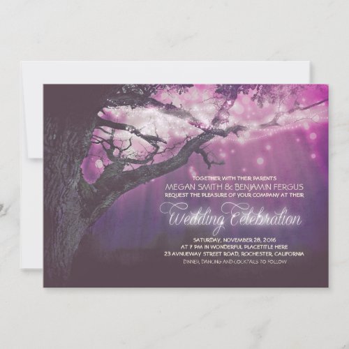 Purple Lights Tree Rustic Forest Wedding Invites