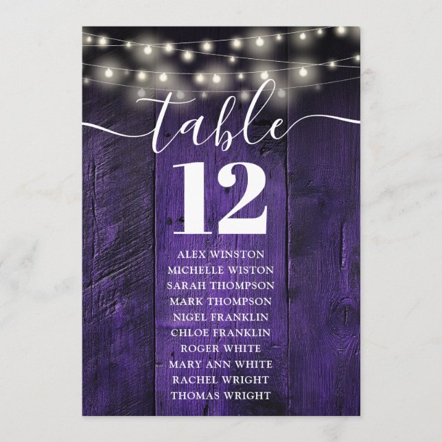 Purple Lights Wood Table Number Seating Chart (Front)