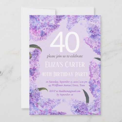 Purple Lilac 40th Floral Elegant Birthday  Invitation
