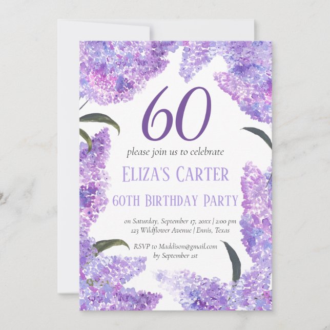 Purple Lilac 60th Floral Elegant Birthday  Invitation (Front)