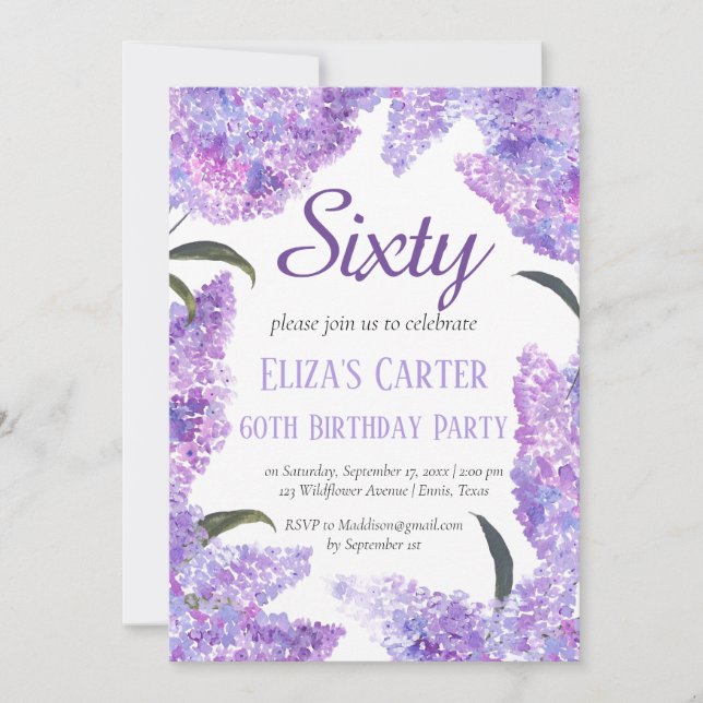Purple Lilac 60th Floral Elegant Birthday  Invitation (Front)