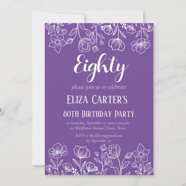 Purple Lilac 80th Eighty Floral Elegant Birthday  Invitation (Front)