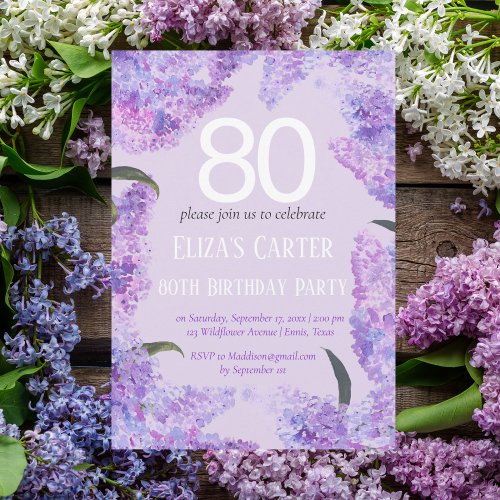 Purple Lilac 80th Floral Elegant Birthday  Invitation