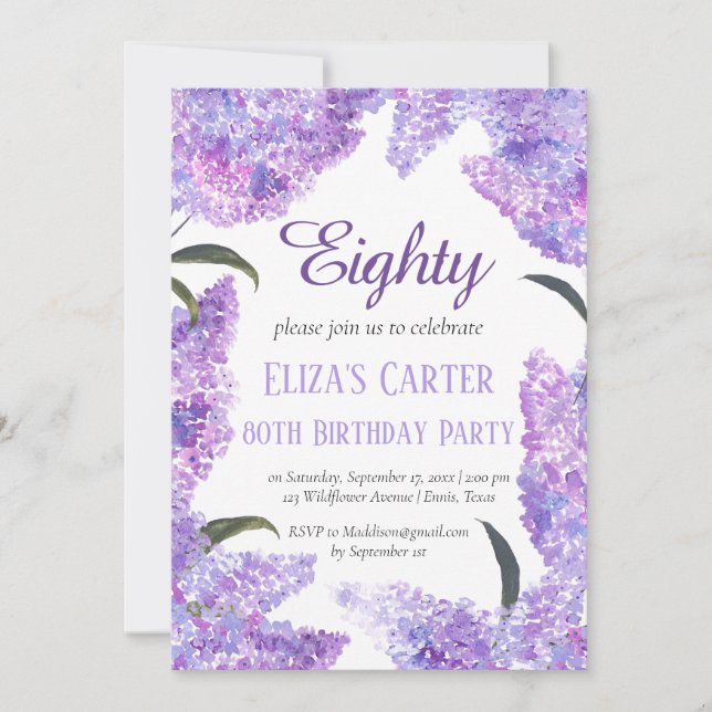Purple Lilac 80th Seventy Floral Elegant Birthday  Invitation (Front)