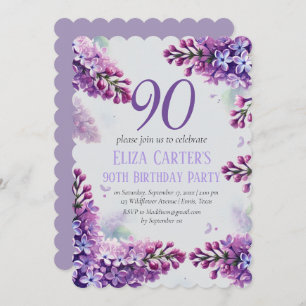 Purple Lilac 90th Floral Elegant Birthday Invitation