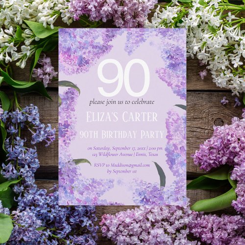 Purple Lilac 90th Floral Elegant Birthday  Invitation