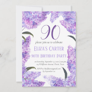 Purple Lilac 90th Floral Elegant Birthday Invitation