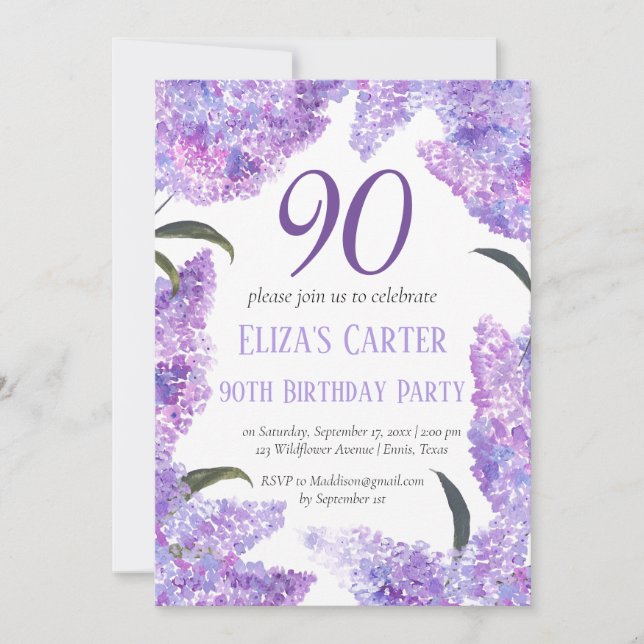 Purple Lilac 90th Floral Elegant Birthday  Invitation (Front)