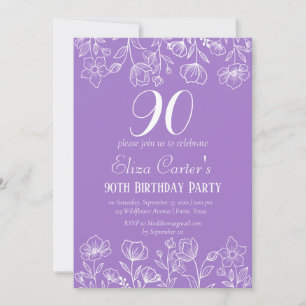Purple Lilac 90th Ninety Floral Elegant Birthday Invitation