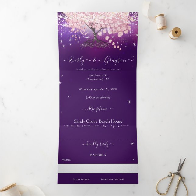 Purple Lilac and Pink Heart Leaf Tree Wedding Tri-Fold Invitation (Inside)