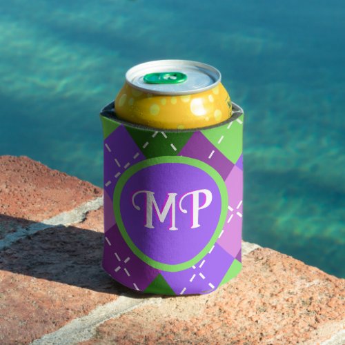 Purple Lilac Argyle Purple and Green Personalized Can Cooler