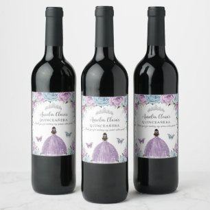 Purple Lilac Baby Blue Floral Quinceañera Sweet 16 Wine Label