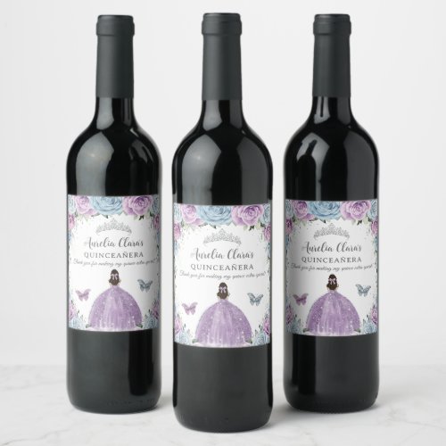 Purple Lilac Baby Blue Floral Quinceaera Sweet 16 Wine Label