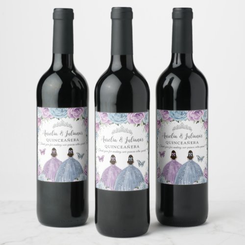 Purple Lilac Baby Blue Floral Twins Quinceaera Wine Label