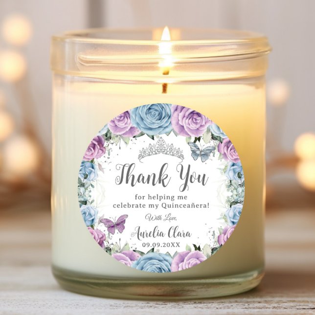 Purple Lilac Baby Blue Roses Butterfly Quinceañera Classic Round Sticker (Creator Uploaded)