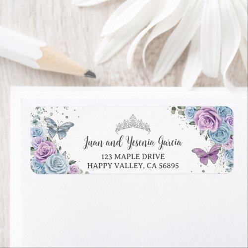 Purple Lilac Baby Blue Roses Floral Return Address Label